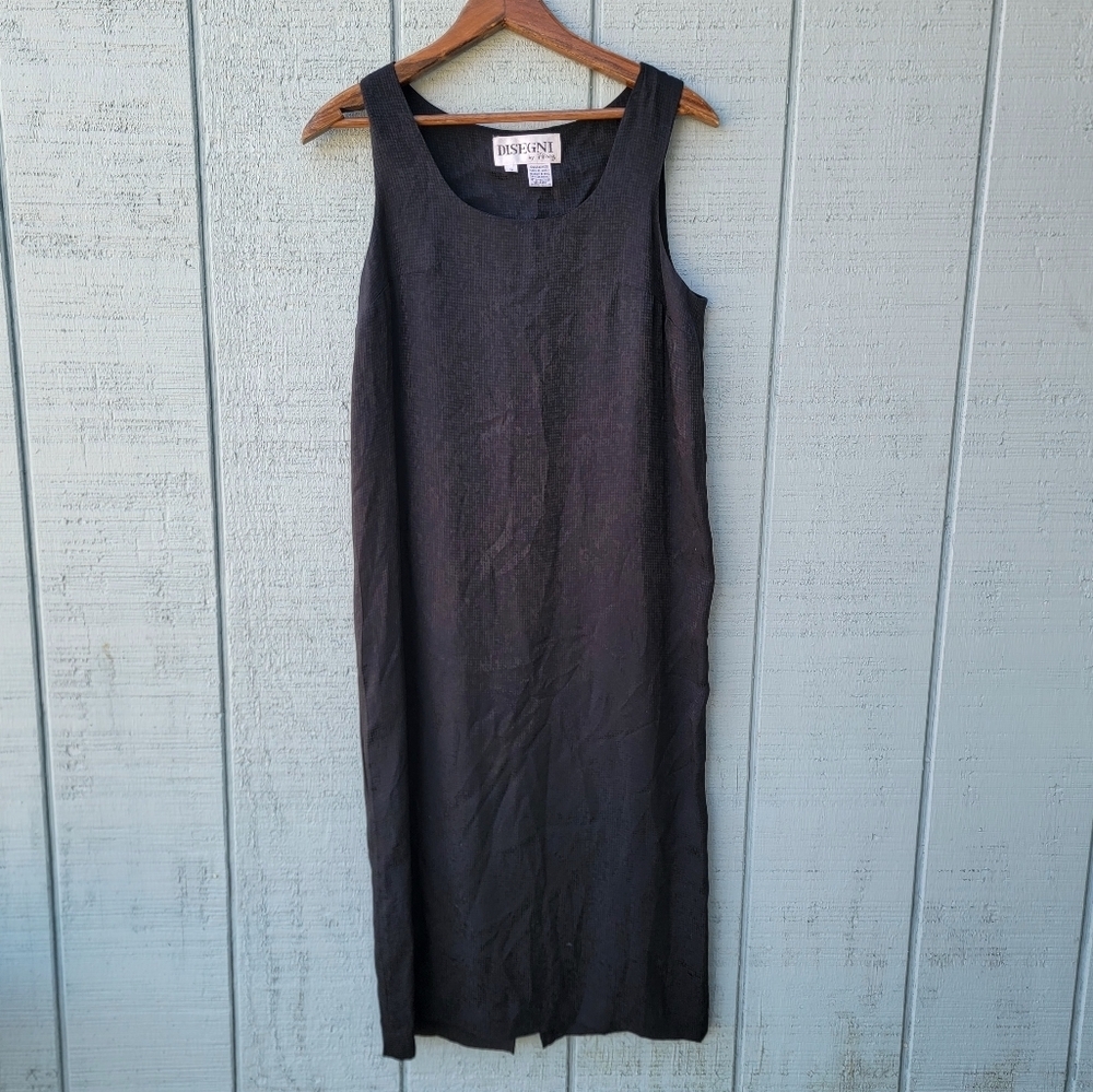 Vintage Disegni 100% Silk Textured Silk Midi Dress sz 2 Black Old Money Minimali
